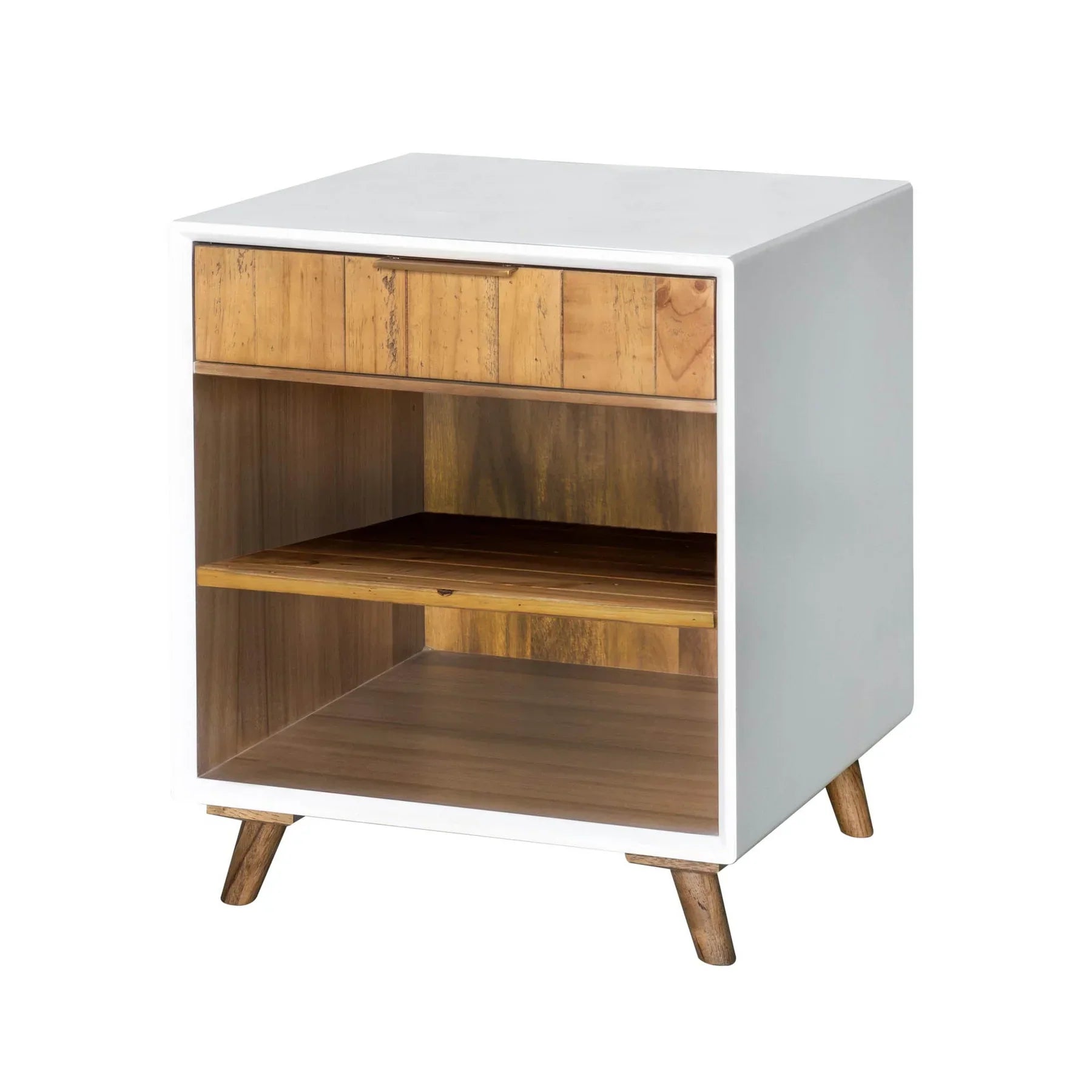 Front view of the Casablanca nightstand featuring a sleek white frame paired with a natural acacia wood drawer and dual open shelves