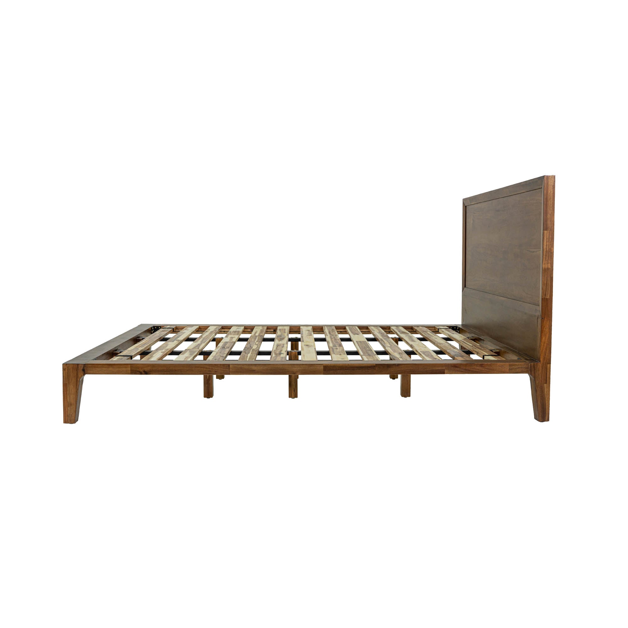 Front view of the Allure platform bed featuring a clean-lined solid wood headboard in a rich walnut finish