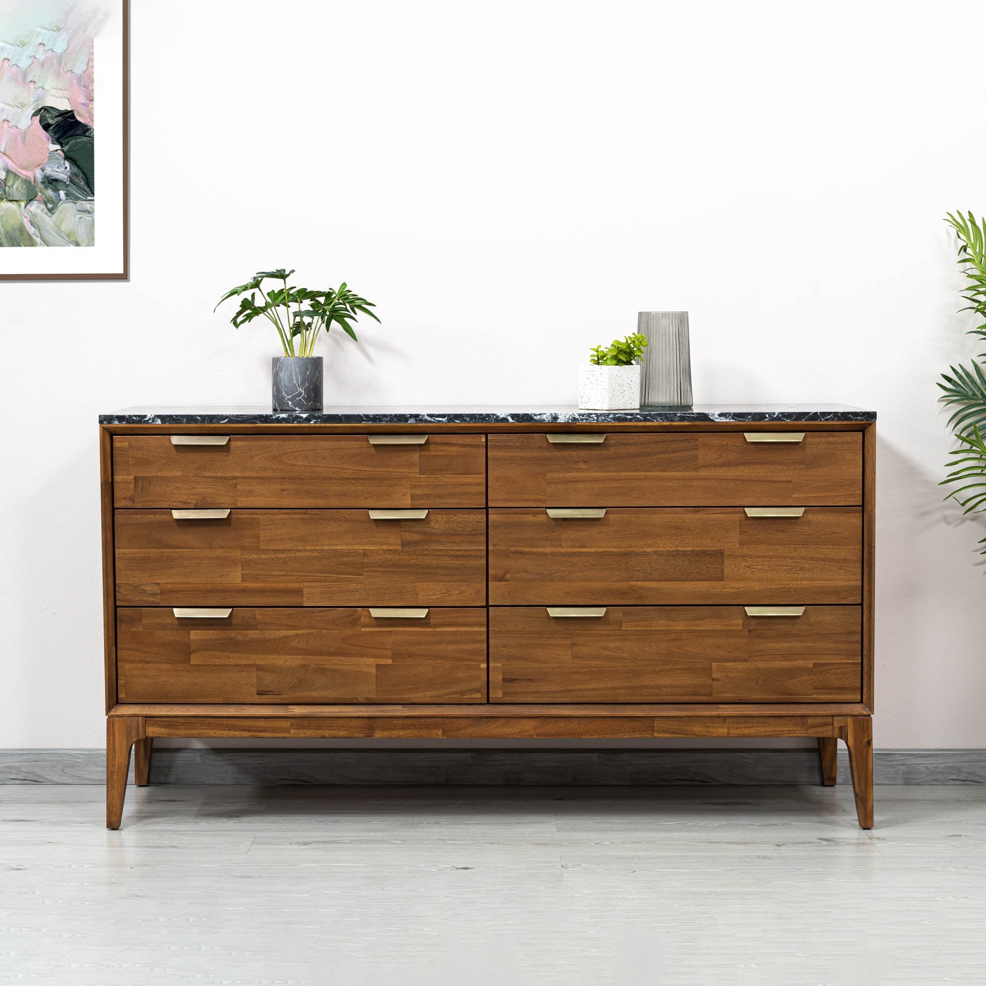 Front view of the Allure 6-drawer dresser featuring a rich walnut wood finish and a striking black faux marble top surface