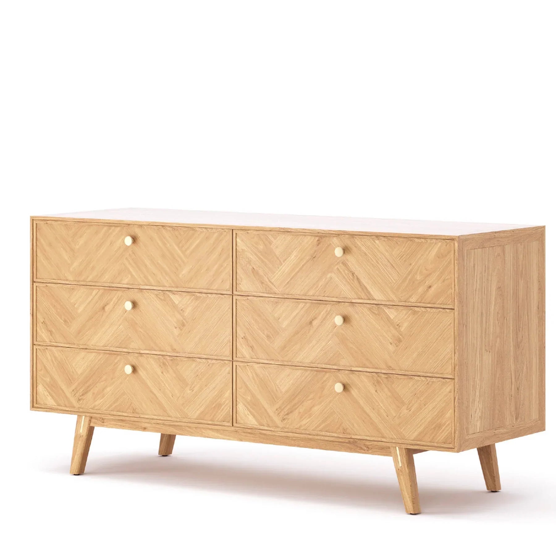 Front view of the Colton 6-drawer dresser in a warm walnut finish featuring vertical fluted wood detailing on the top drawer row