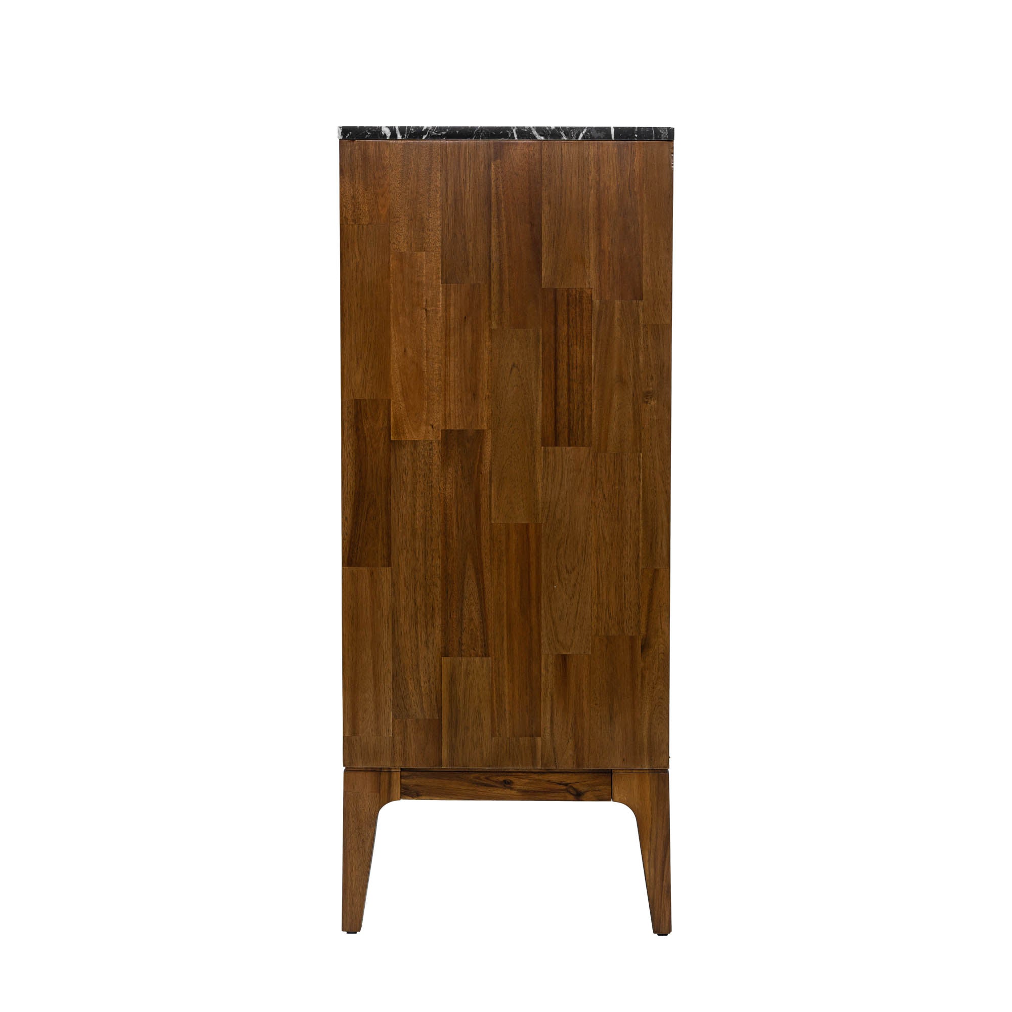 Front view of the Allure 4-drawer vertical chest featuring a rich walnut wood finish and a striking black faux marble top surface