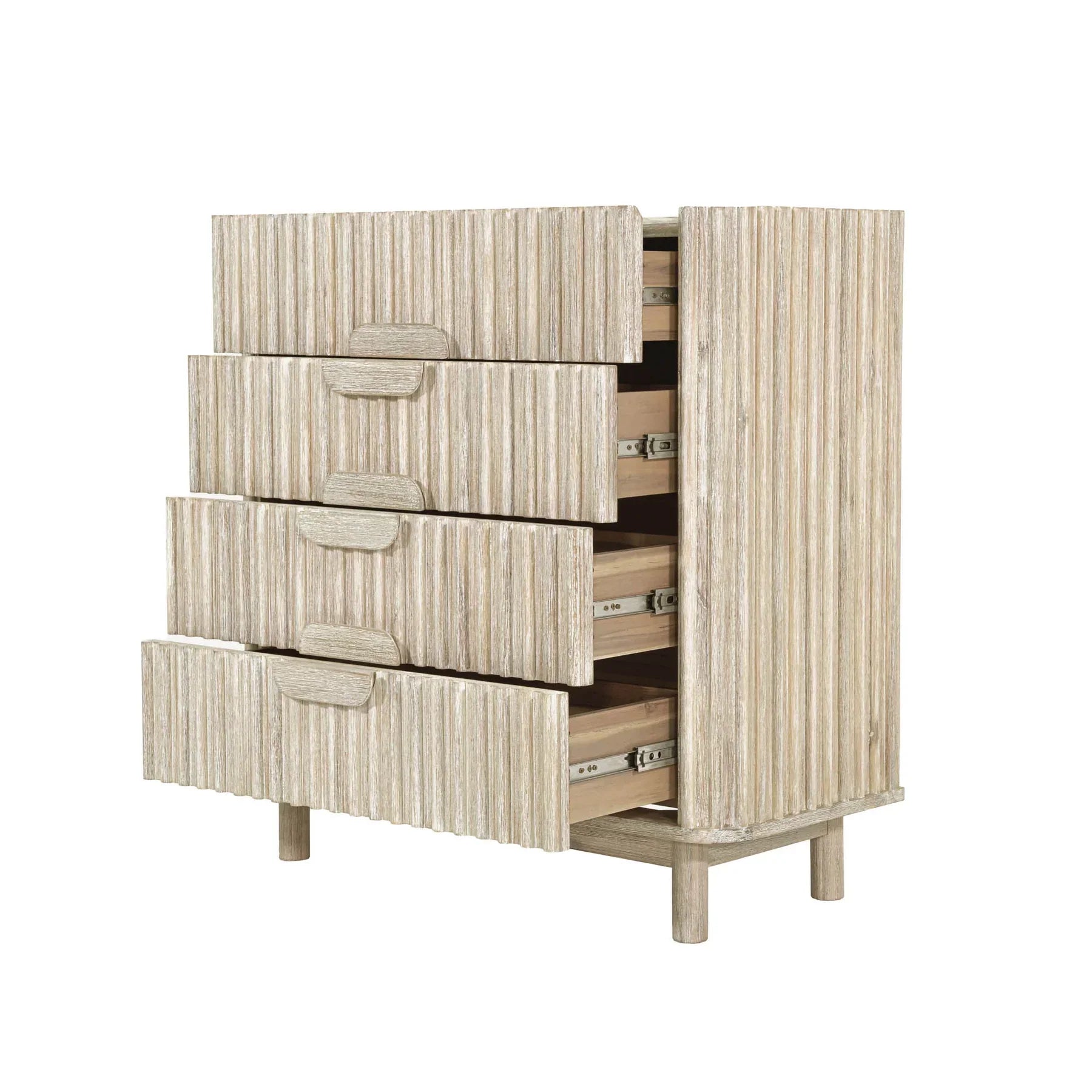 Front view of the Oasis 4-drawer vertical chest featuring a rich walnut wood finish and a striking black faux marble top surface