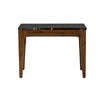 Straight-on front view highlighting the symmetrical arched wood frame and the high-contrast black marble surface
