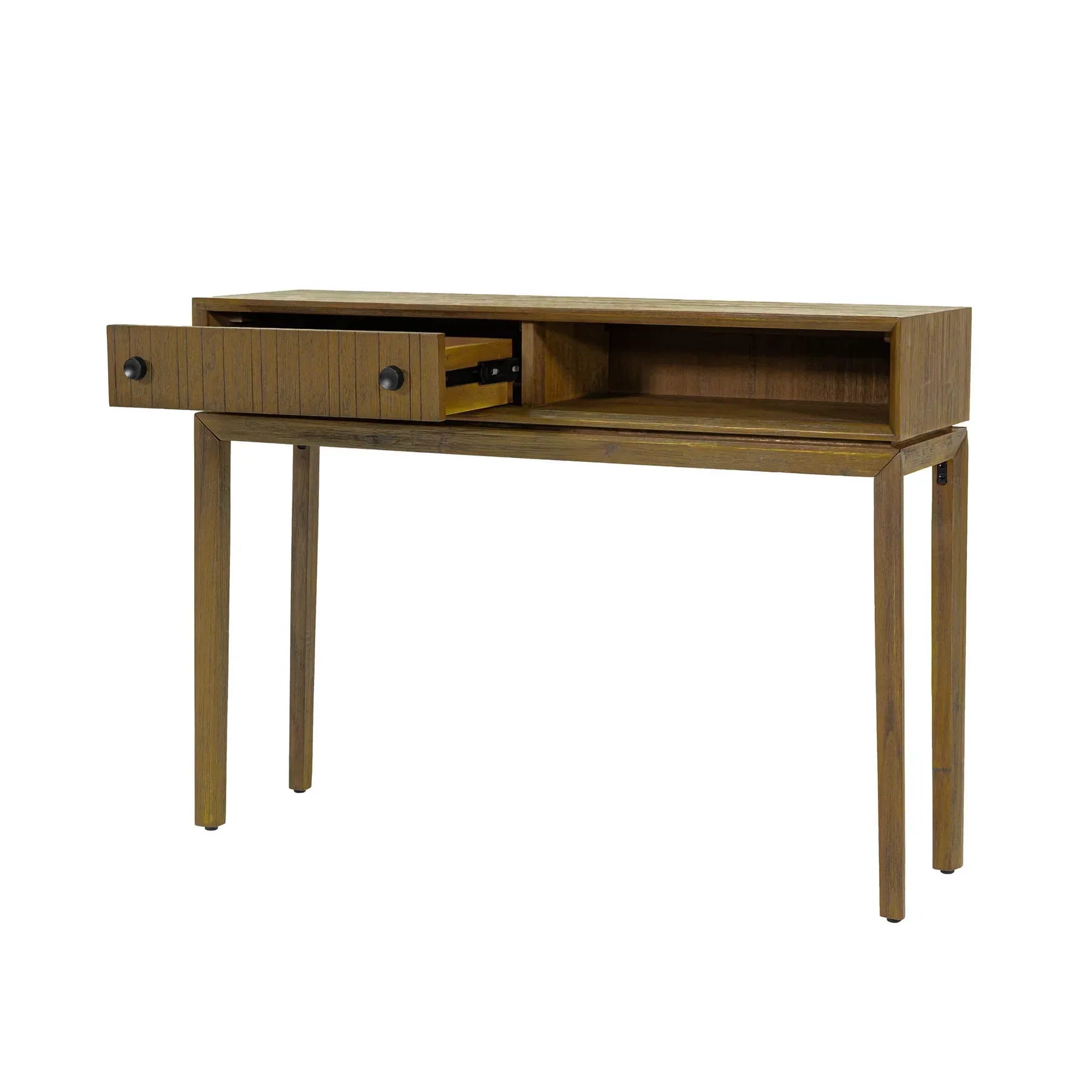 Front view of the West console table in a rich wood finish featuring a slim architectural frame, an integrated drawer with fluted texture, and an open storage cubby