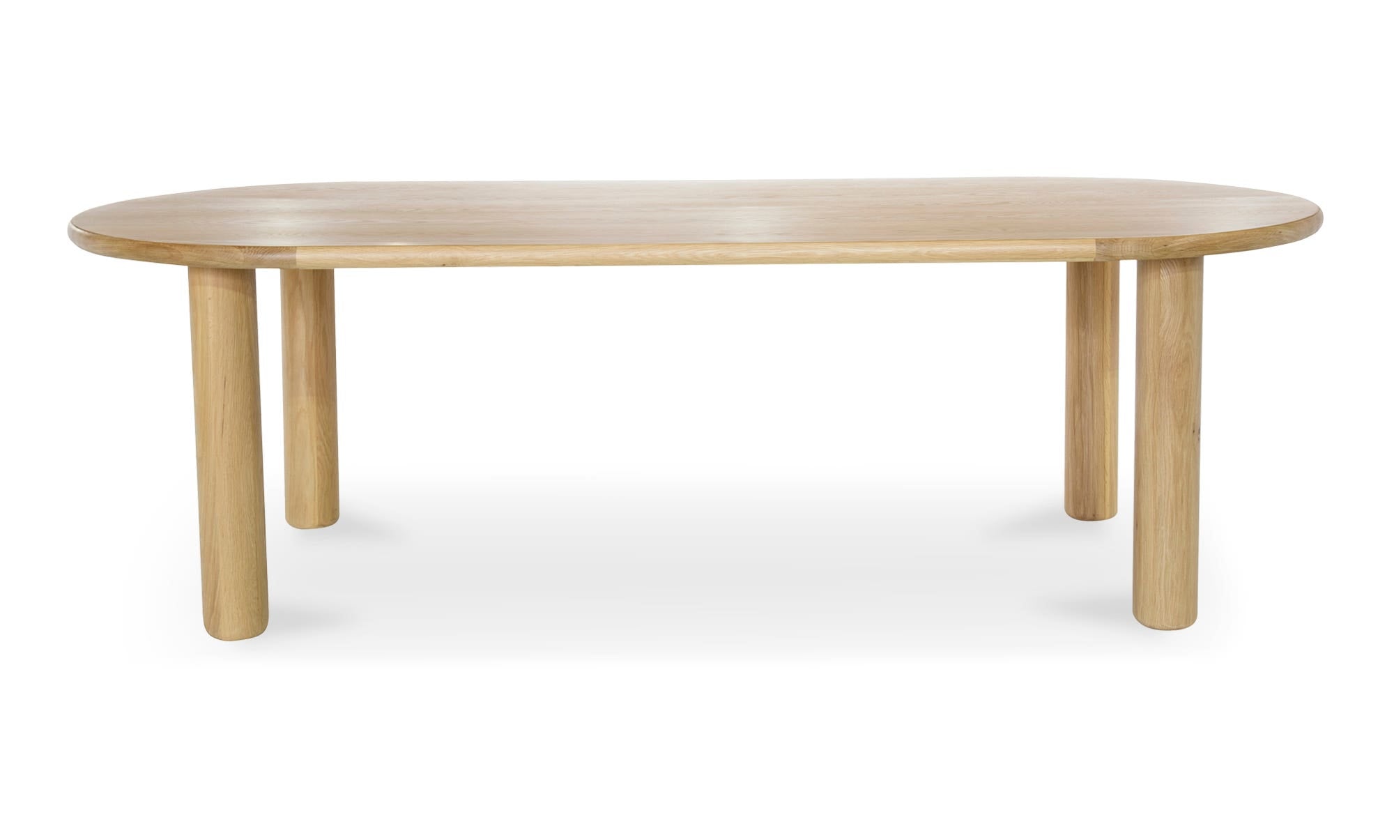 Front view of the Milo small dining table featuring a light natural oak finish, smooth oval tabletop, and four thick cylindrical wooden legs