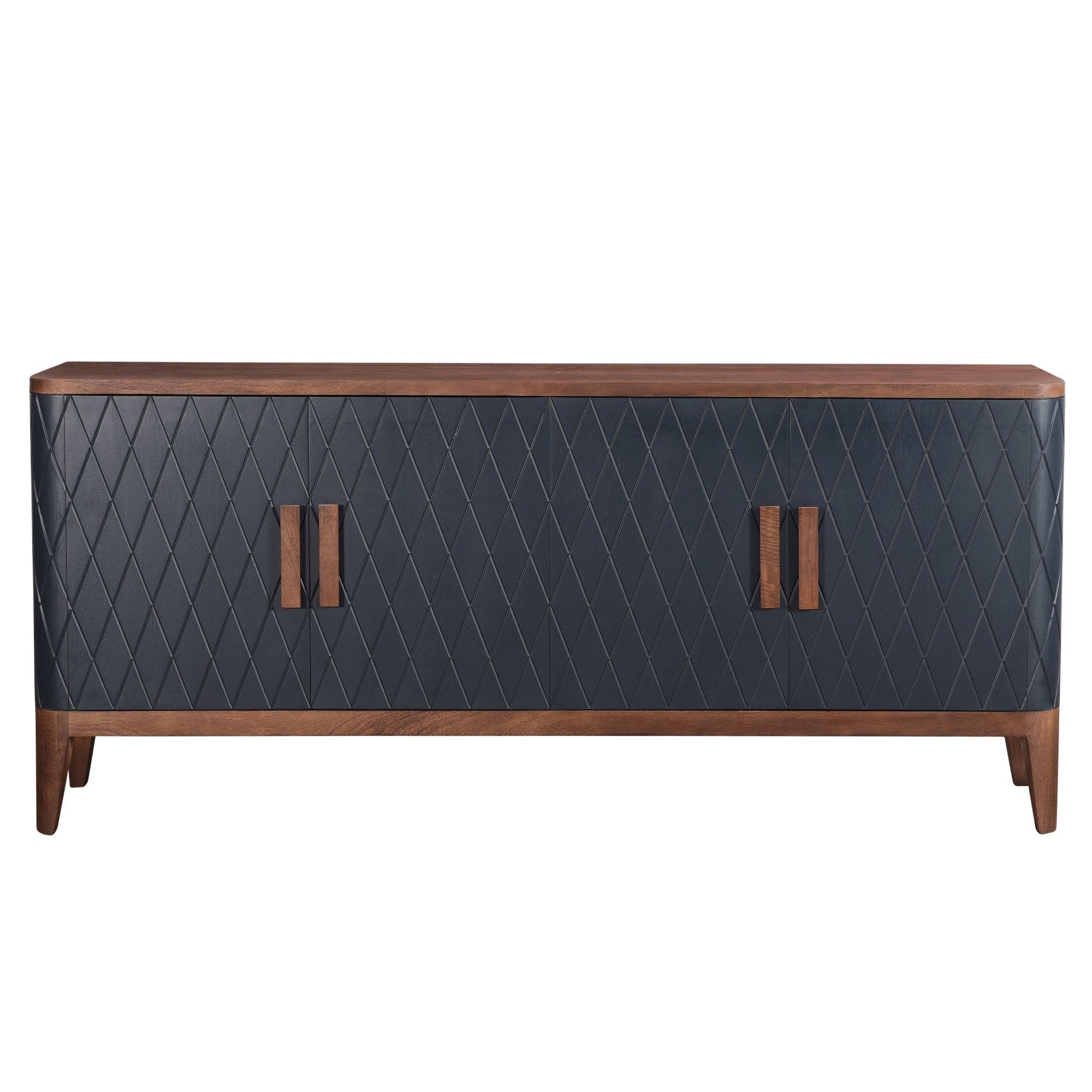 Straight-on front view highlighting the symmetrical diamond texture and the slim, vertical natural wood door pulls