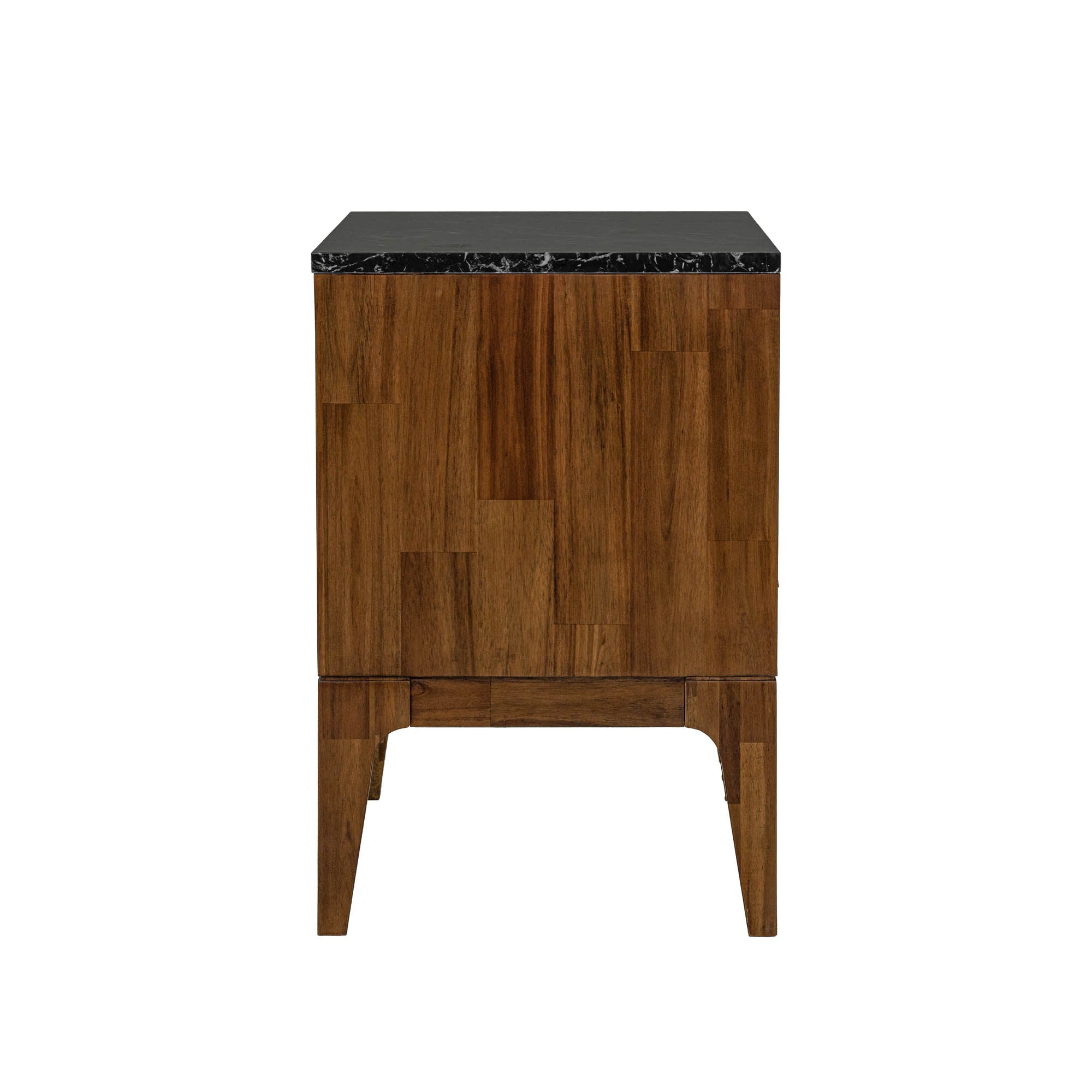 Front view of the Allure nightstand featuring a rich acacia wood frame, a single drawer with a brass handle, an open shelf, and a black marble top