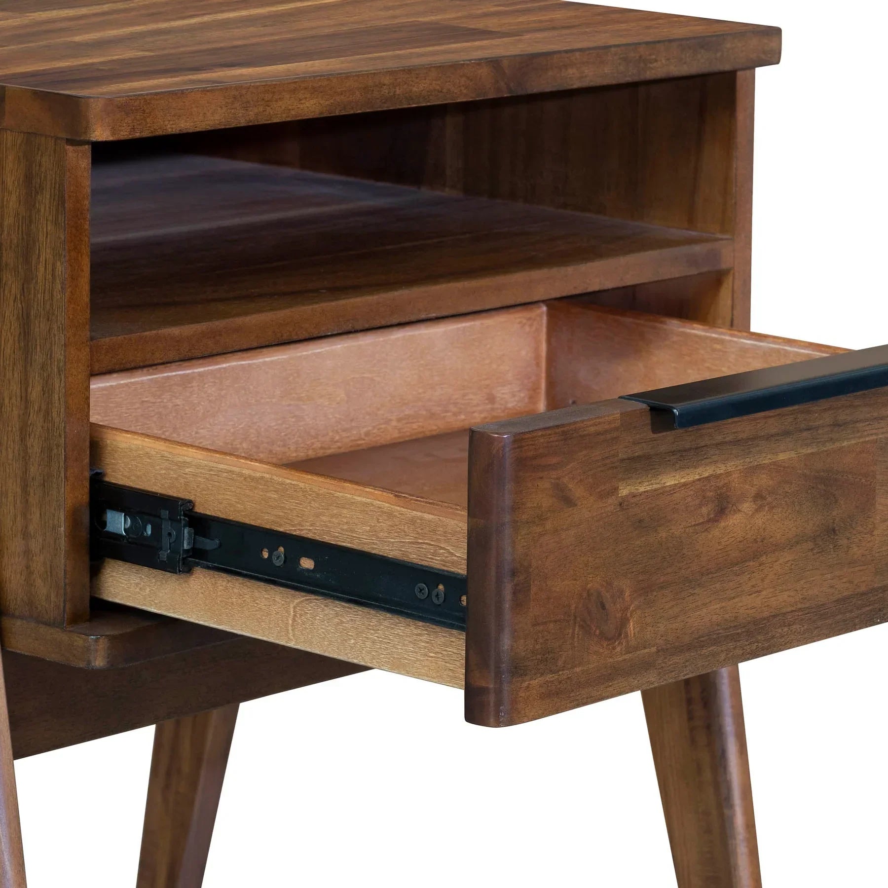Front view of the Remix nightstand featuring a rich walnut finish, a single drawer with a slim black handle, and an open upper storage shelf