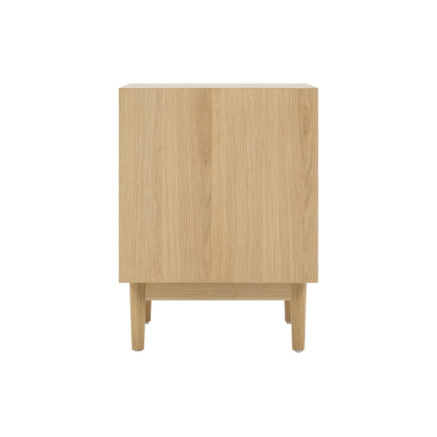 Front view of the Lumina nightstand featuring a light natural ash finish, an open upper shelf, and a unique woven rope drawer front