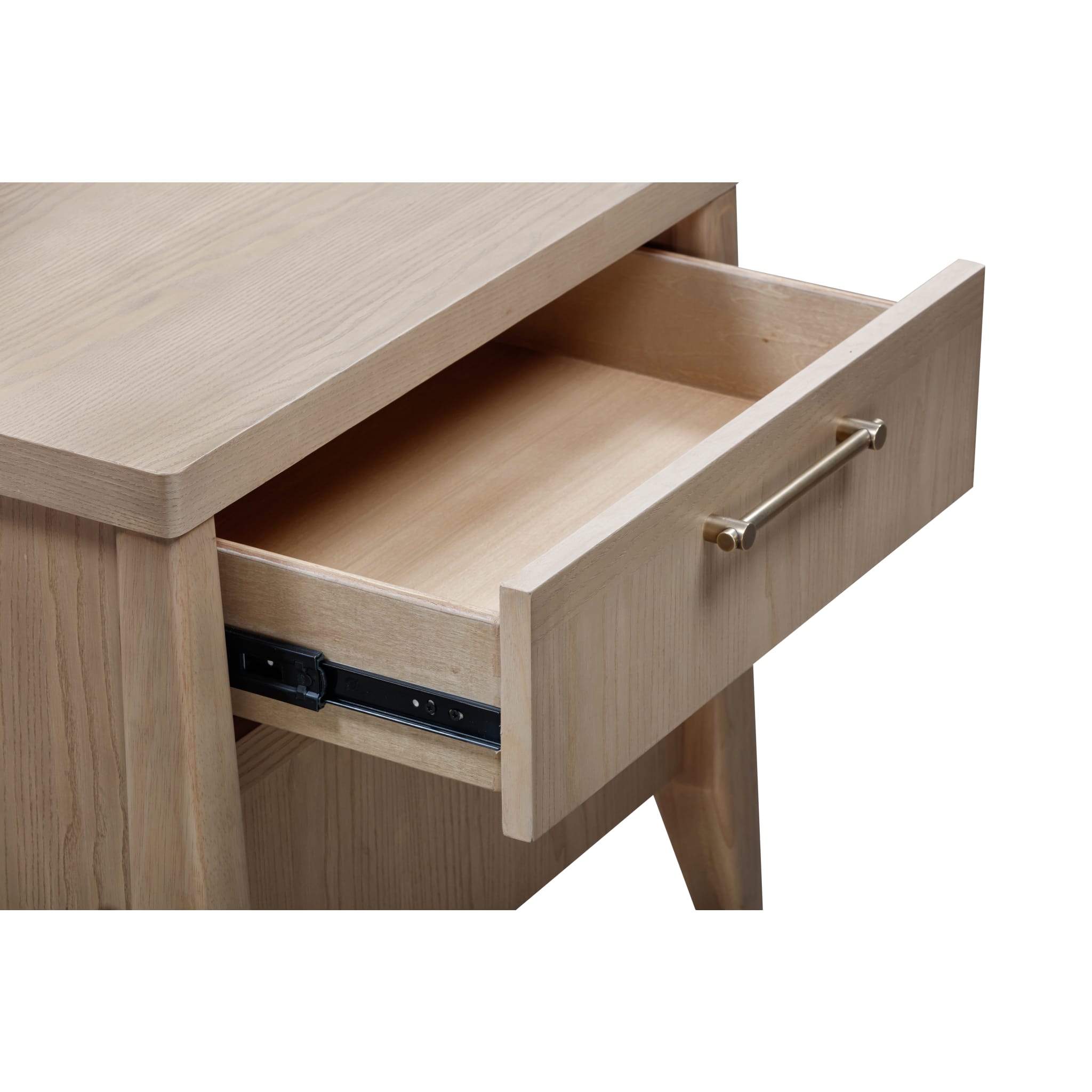 Front view of the Nettie nightstand featuring a warm ginger ash wood finish, a single drawer, and a lower open storage shelf