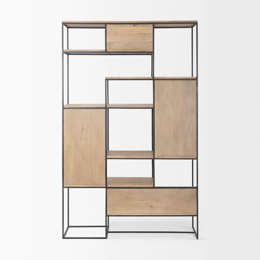 Perspective view of the Morris 6-tier shelving unit featuring a black metal frame and light brown wood shelves in an asymmetrical layout