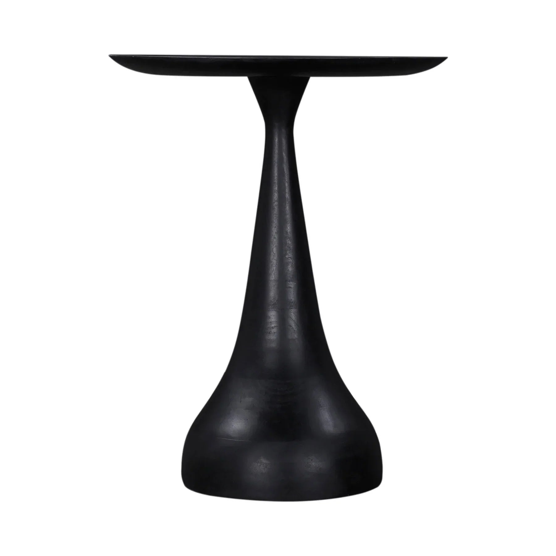 Front view of the Polina side table featuring a sleek hourglass pedestal base and circular top in a matte ebony black finish