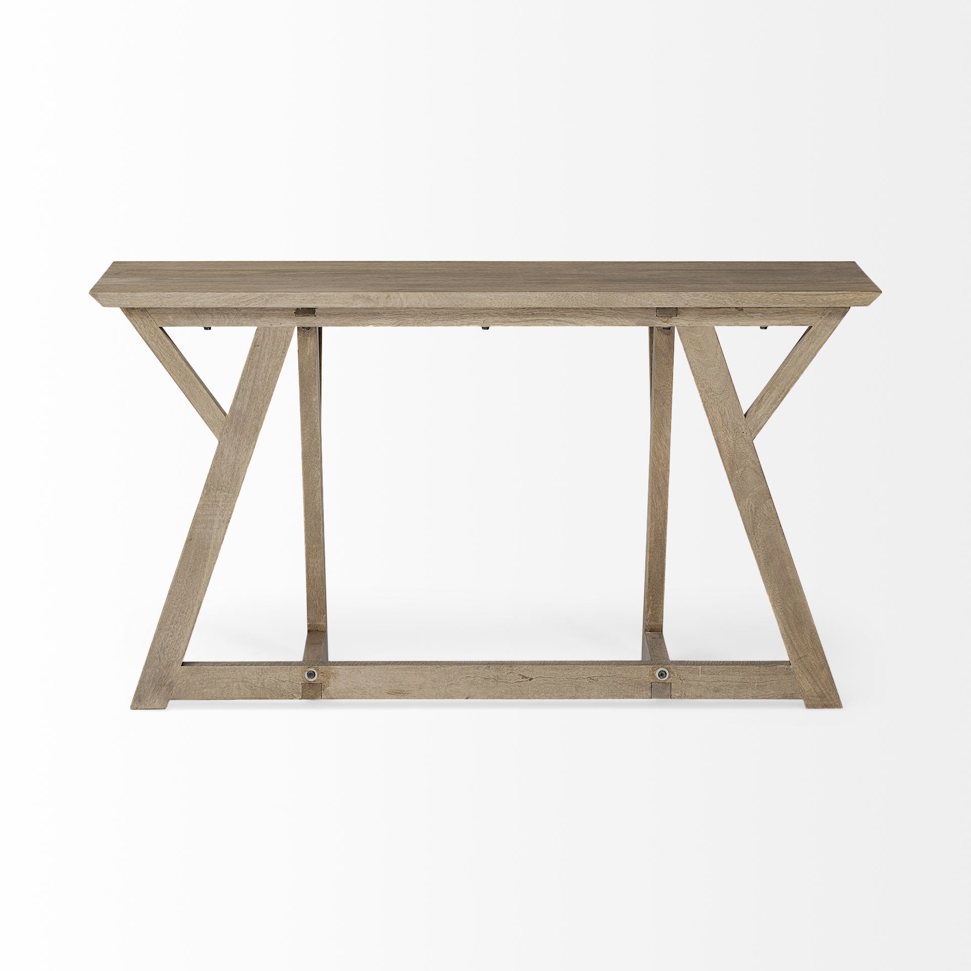 Front view of the Jennings console table in brown wood featuring a minimalist architectural design with unique Y-shaped legs