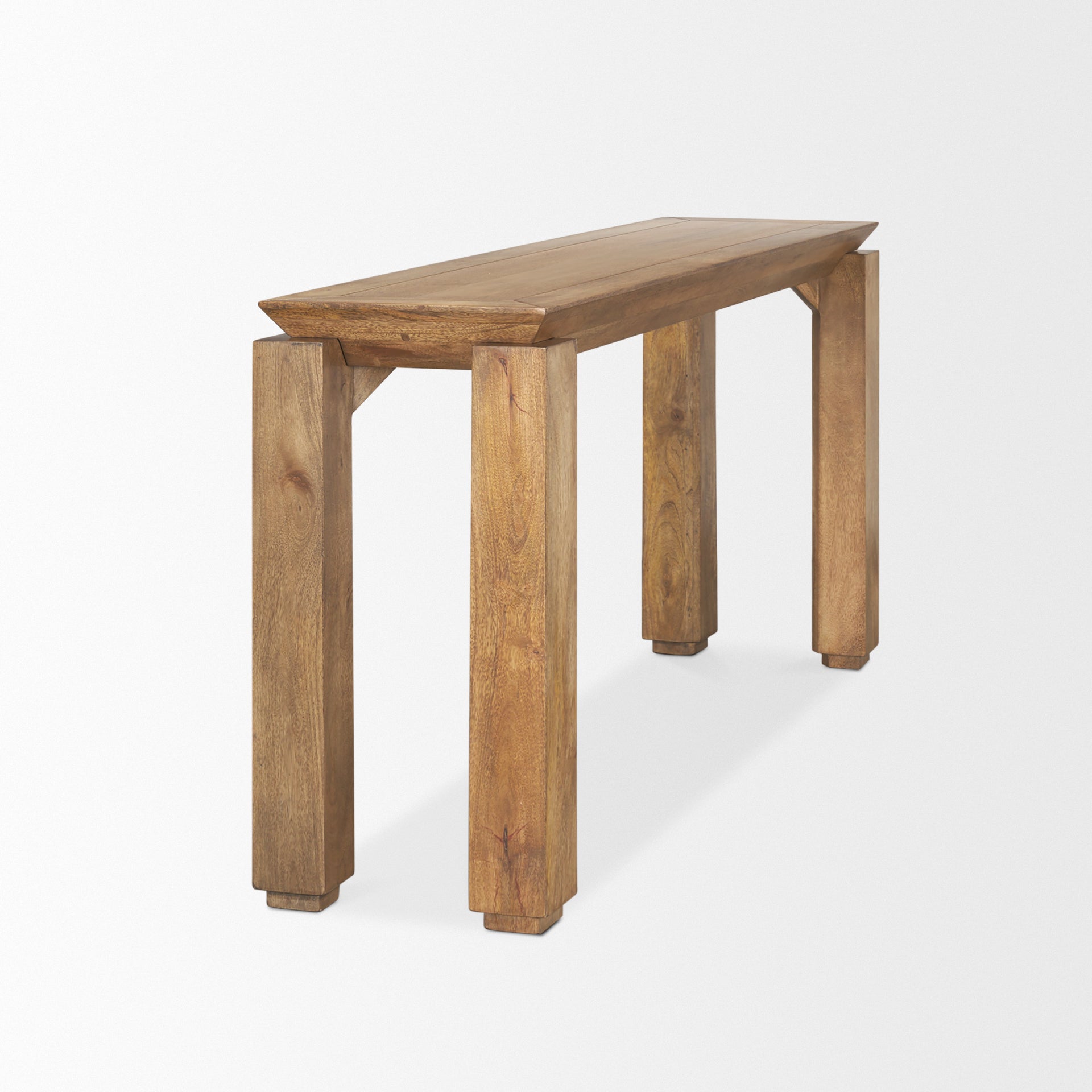 Front view of the Sapphira console table in a rich brown wood finish featuring a thick rectangular top and architectural block legs