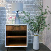 Lifestyle perspective showcasing the nightstand against a white brick wall styled with tall greenery for a modern organic look
