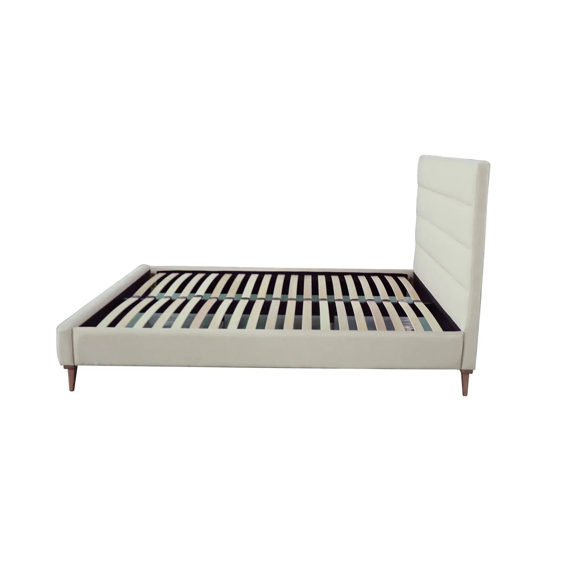 Front view of the Livorno queen platform bed featuring a cream fabric upholstered headboard with modern horizontal tufting