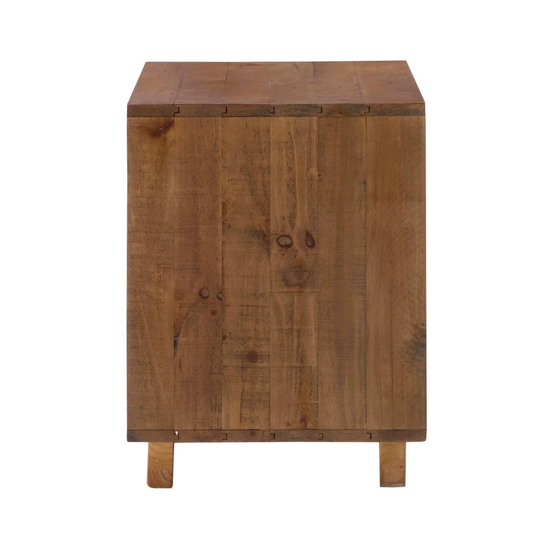 Front view of the Nevada nightstand featuring a textured dark driftwood finish and two spacious drawers with minimalist wood handles