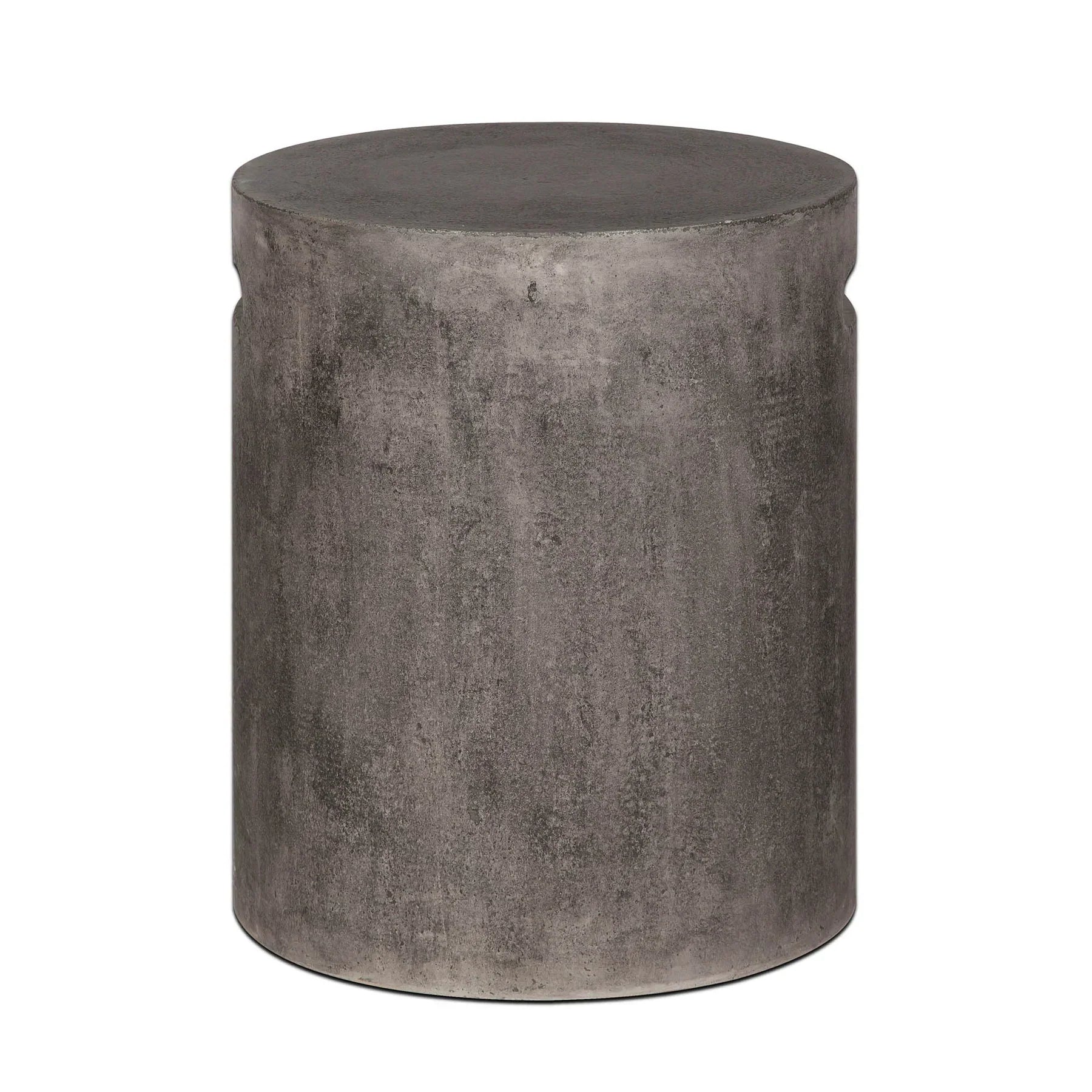 Front view of a cylindrical dark grey concrete side table featuring a minimalist drum silhouette and subtle integrated handle notches near the top rim