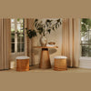 Lifestyle shot featuring the Tutto table in a warm neutral setting styled with round wooden stools and a large botanical arrangement