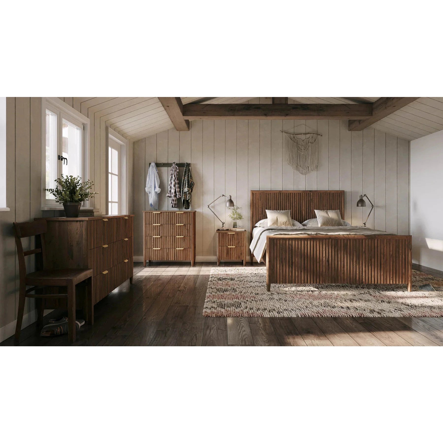 Front view of the Ava king platform bed featuring a tall upholstered headboard in a textured white bouclé fabric