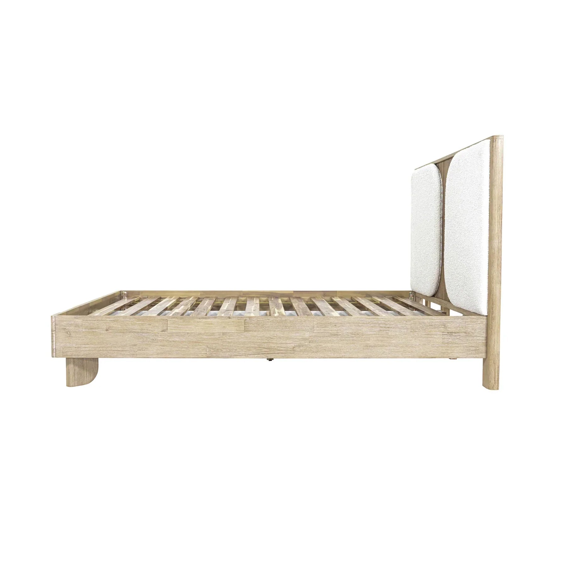 Front view of the Haru platform bed featuring a light driftwood frame and twin white bouclé upholstered headboard inserts
