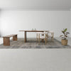 Studio lifestyle perspective featuring the wood bench styled with neutral decor and a matching dining table