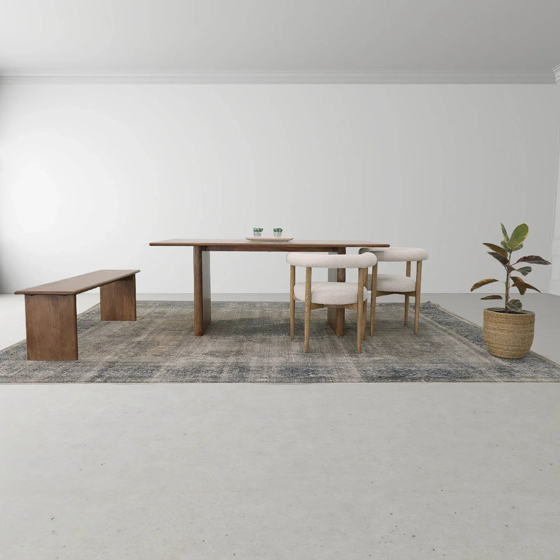 Front view of the Dallas dining bench in a rich walnut wood finish featuring a minimalist rectangular seat and thick slab legs