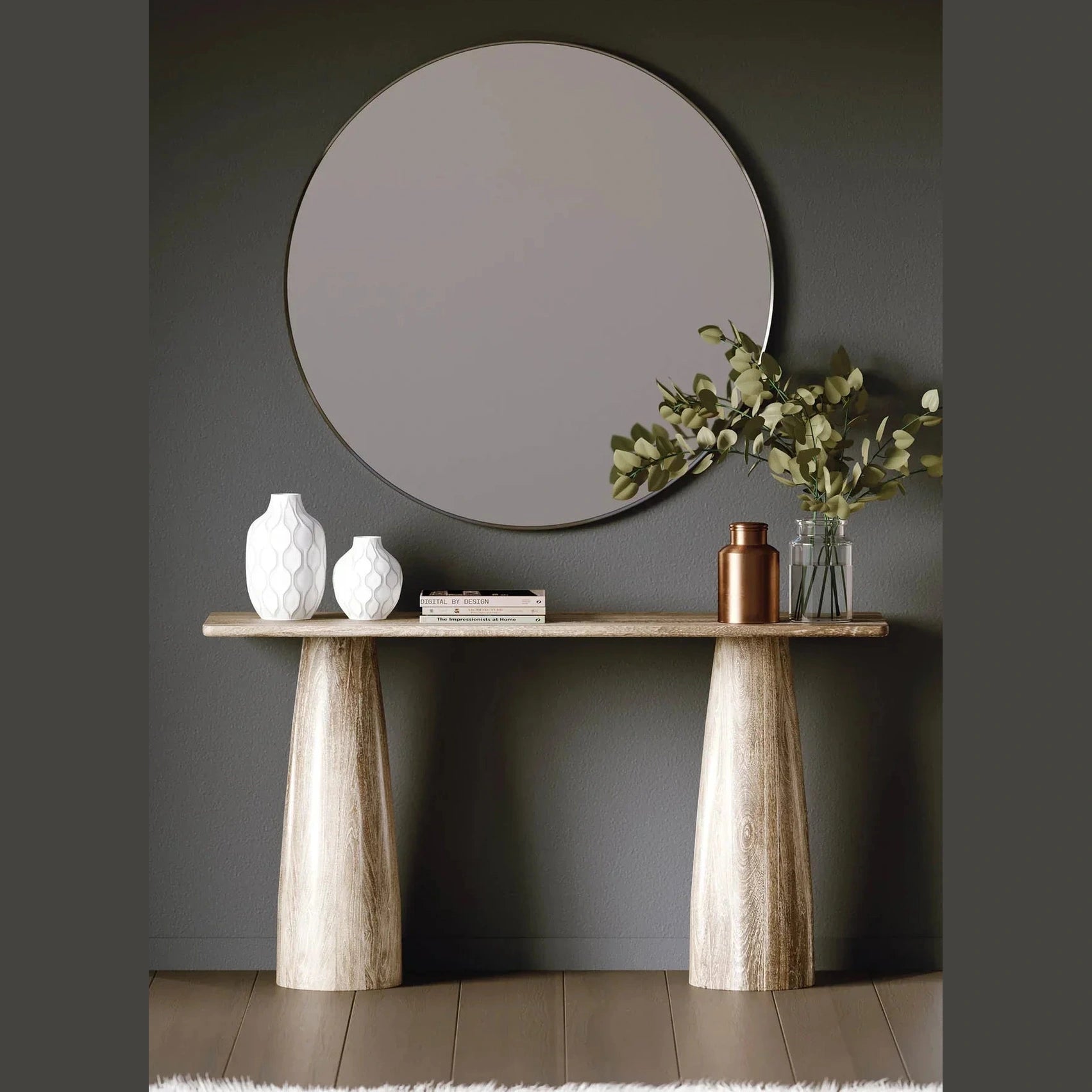 Front view of the Truffle console table in natural light mango wood featuring two large architectural pillar-style legs