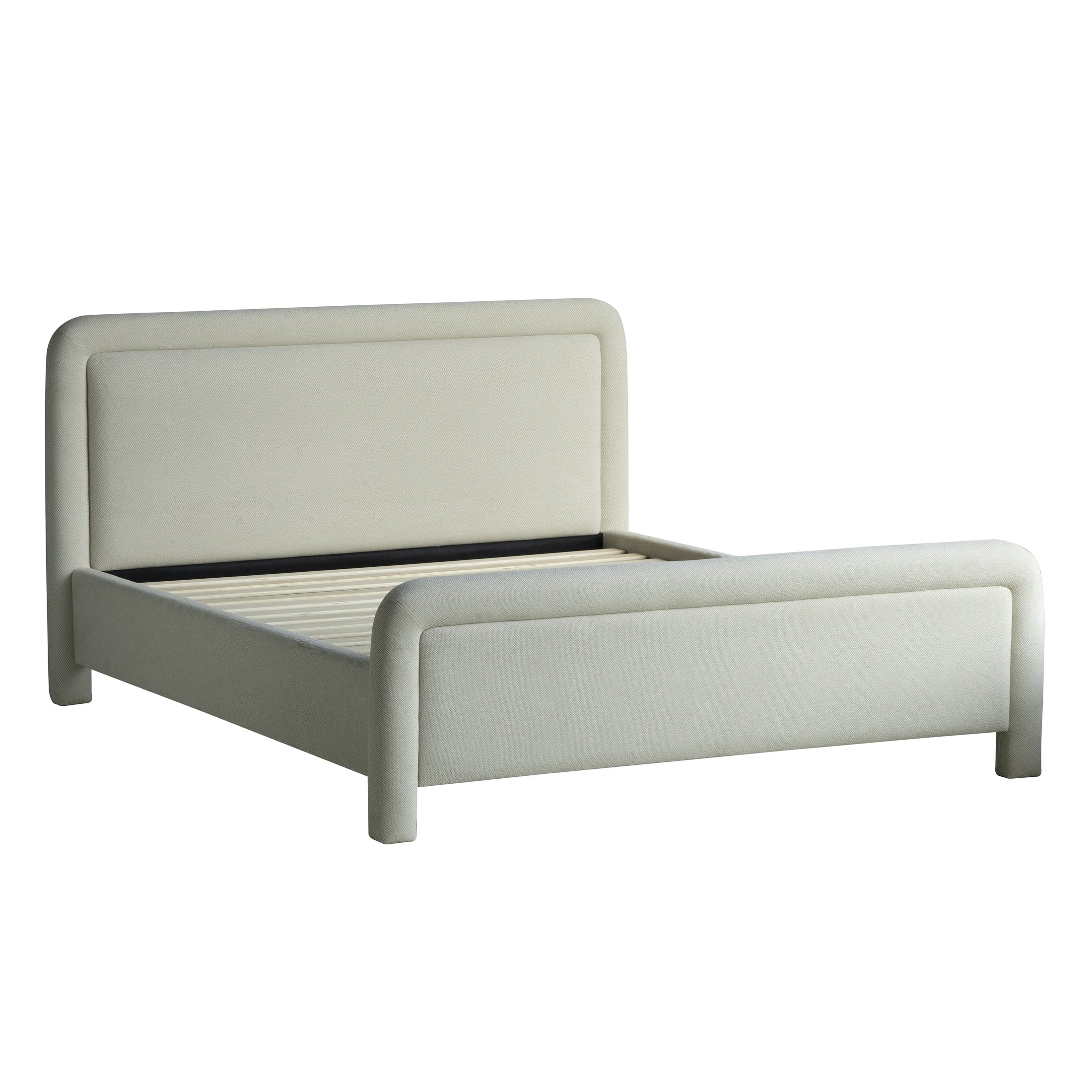Three-quarter perspective view highlighting the seamless upholstered frame and the clean architectural lines of the bed silhouette
