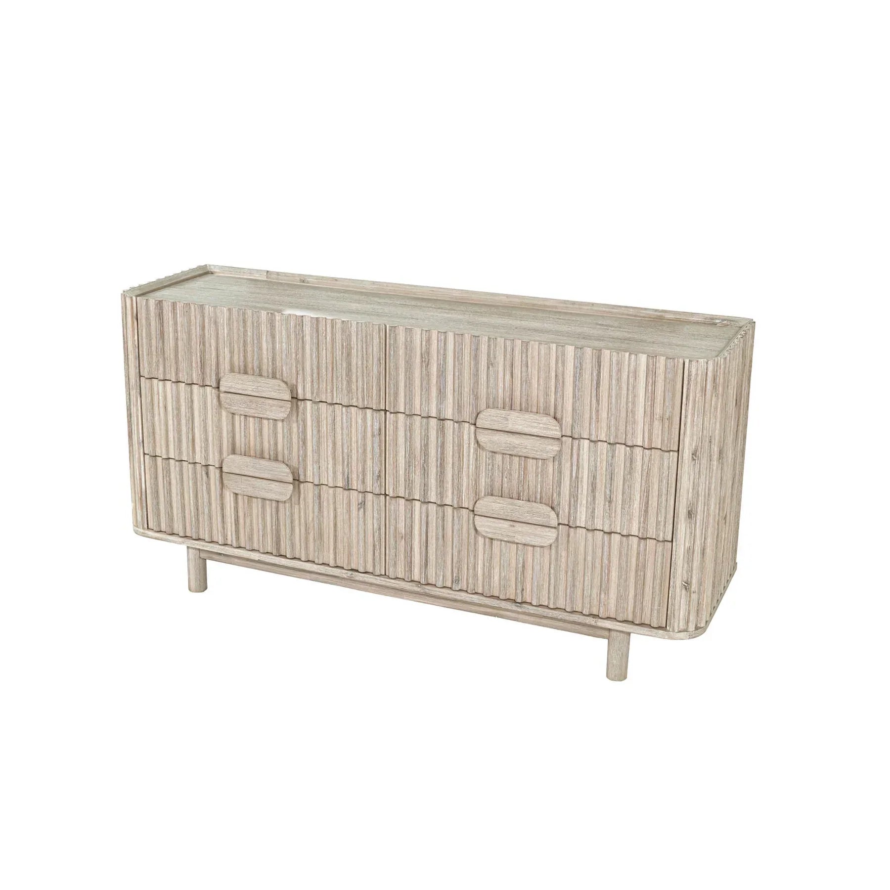 Front view of the Oasis 6-drawer dresser in a light bleached oak finish featuring vertical fluted wood detailing and integrated oval handles