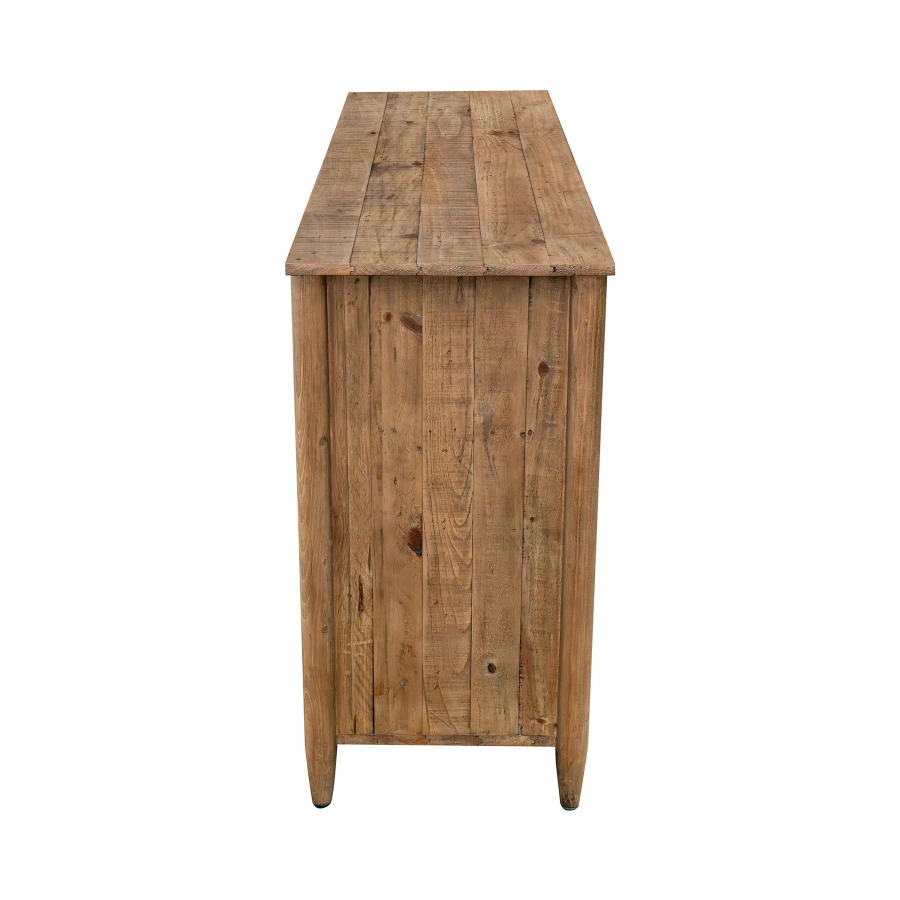 Front view of the Britanica double dresser featuring a warm reclaimed wood finish, vertical fluted drawer fronts, and sleek horizontal gold handles