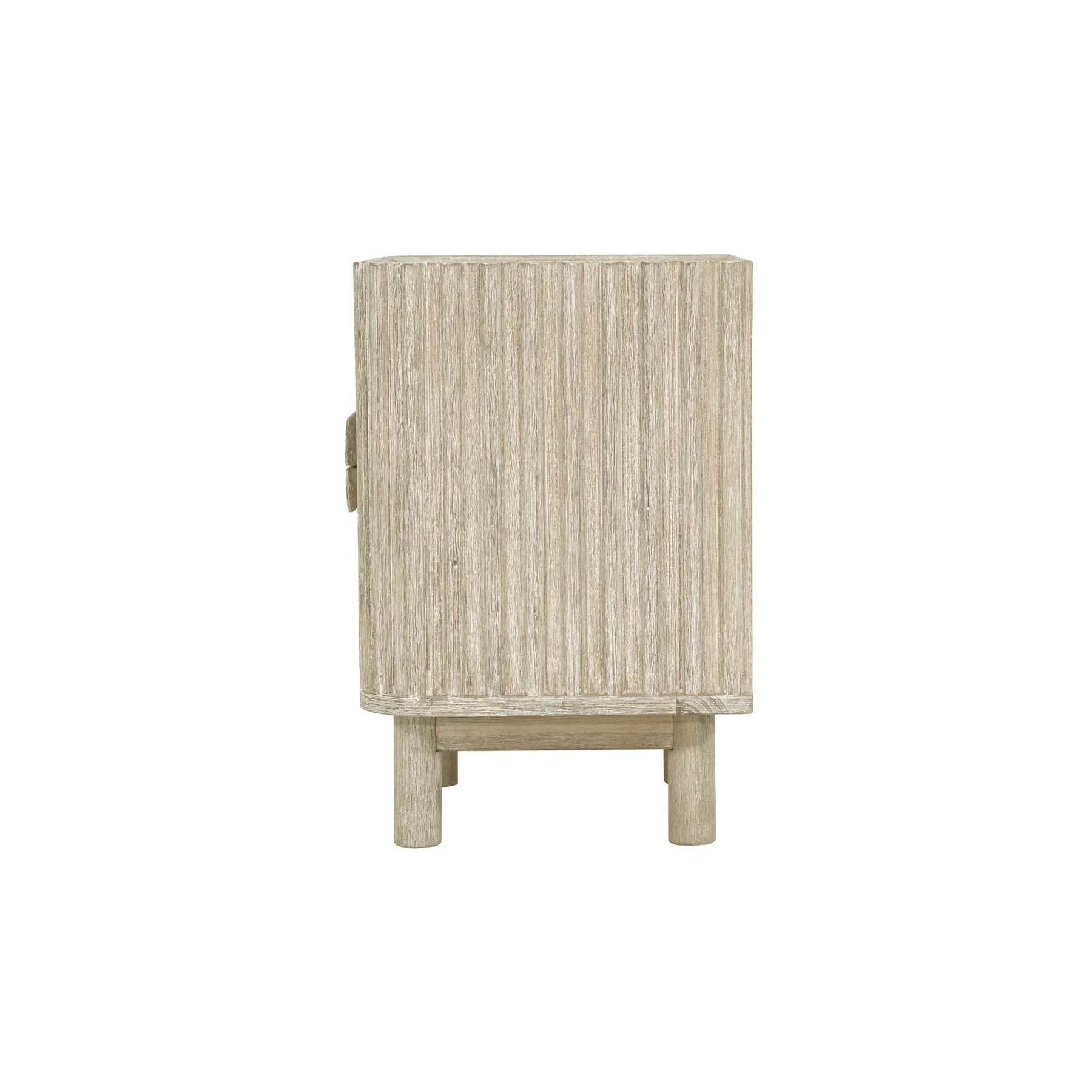 Front view of the Oasis nightstand featuring a light white oak finish, vertical ribbed texture, and unique pill-shaped integrated handles
