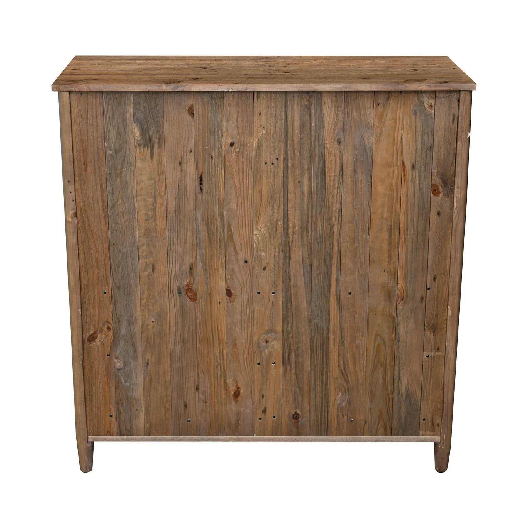 Front view of the Britanica 5-drawer chest featuring a warm rustic brown finish with vertical fluted wood textures and sleek gold metal handles