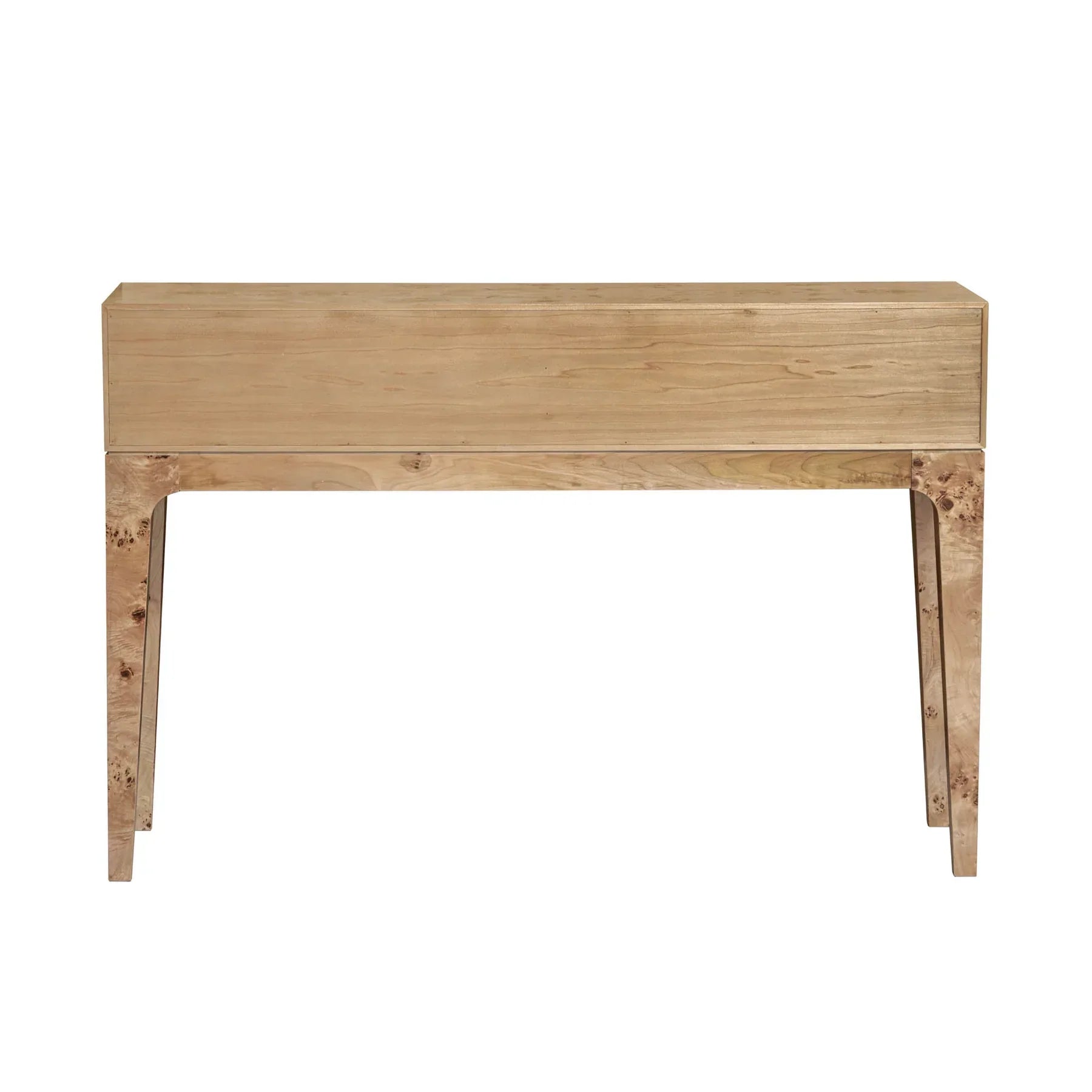 Straight-on rear view of the burl wood console showcasing the seamless finish and clean modern lines