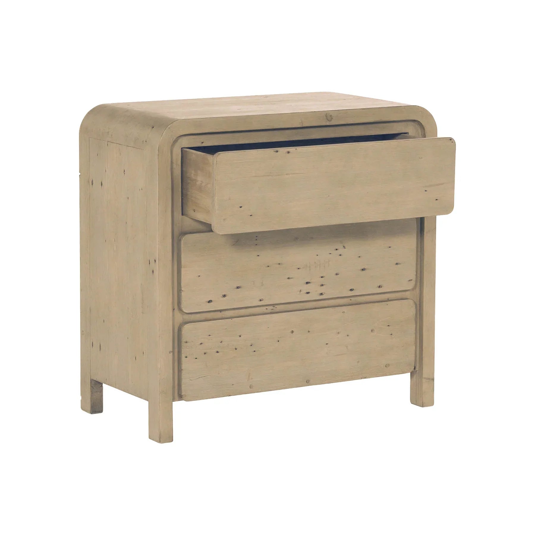 Three-quarter perspective view with the top drawer open showcasing the smooth internal wood construction and high-quality build