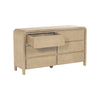 Three-quarter view with one top drawer open showcasing the smooth internal wood construction and high-capacity storage