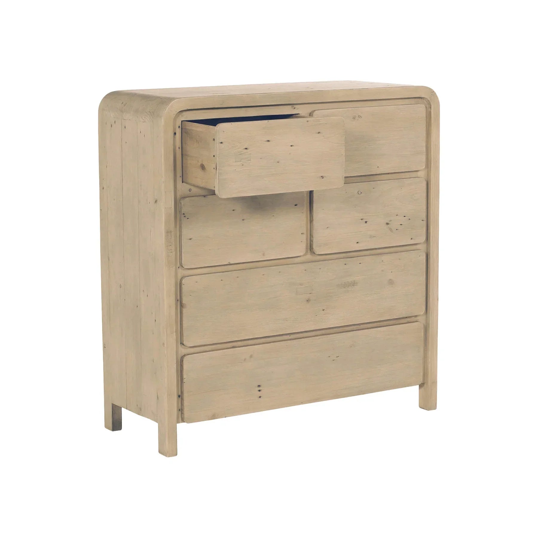 Three-quarter perspective with one top drawer open showcasing the smooth internal wood construction and high-capacity storage