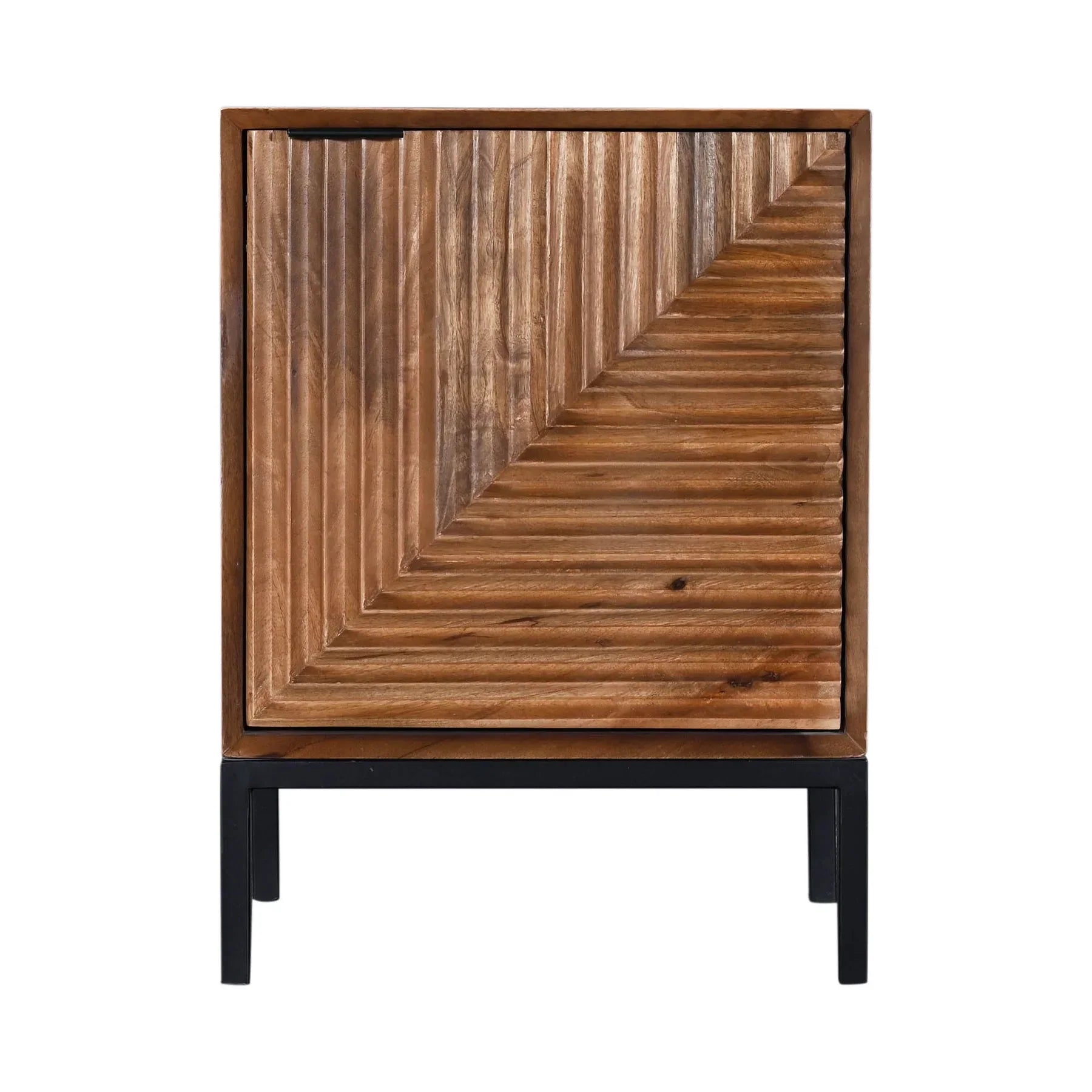 Front view of the Nikita nightstand featuring a geometric hand-carved wood door design and a minimalist black metal frame base