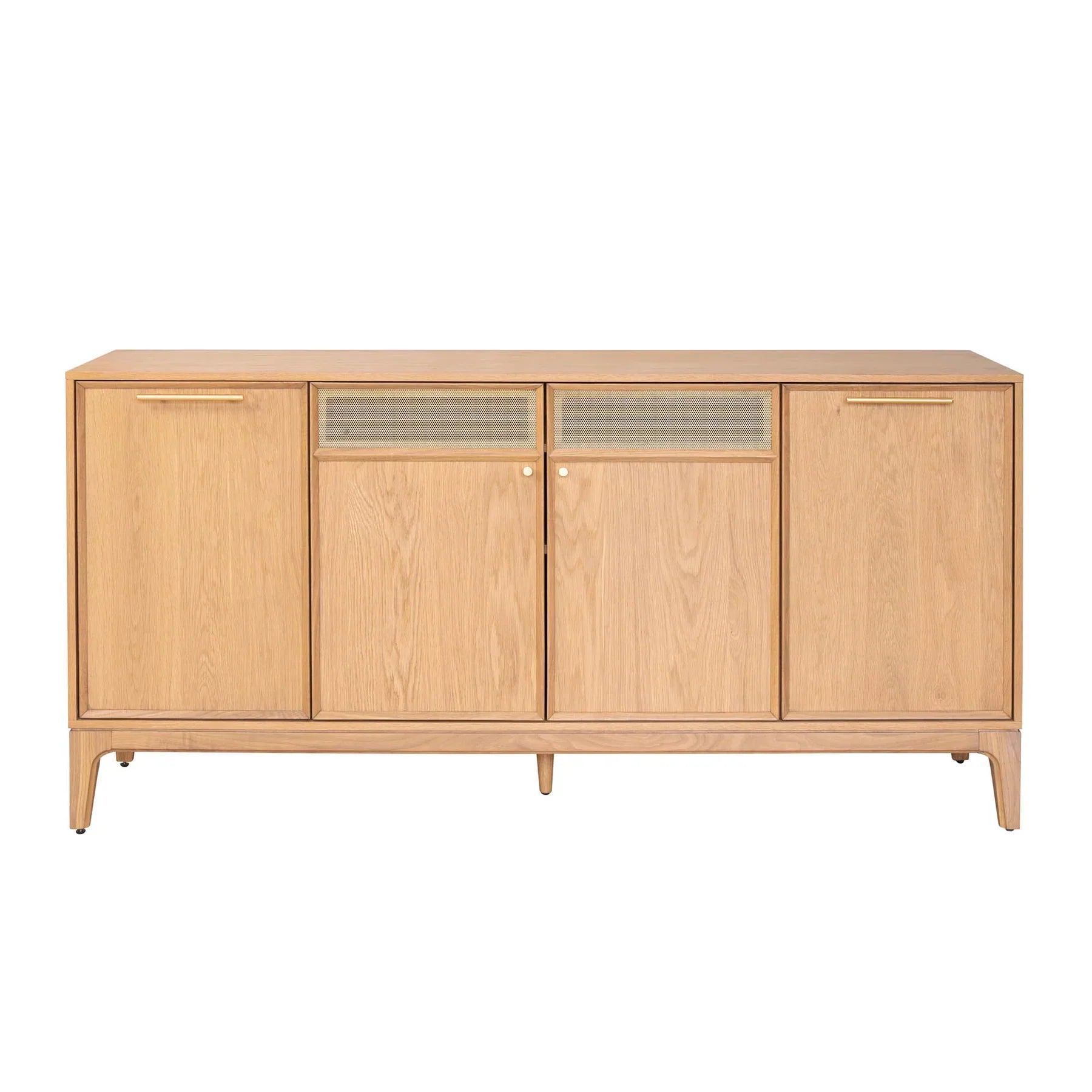 Three-quarter perspective view of the Arizona 4-door sideboard in a natural oak finish featuring two central metal mesh door inlays and tapered wood legs