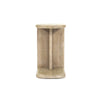 Straight-on front view showcasing the architectural vertical support and clean minimalist lines of the wood side table