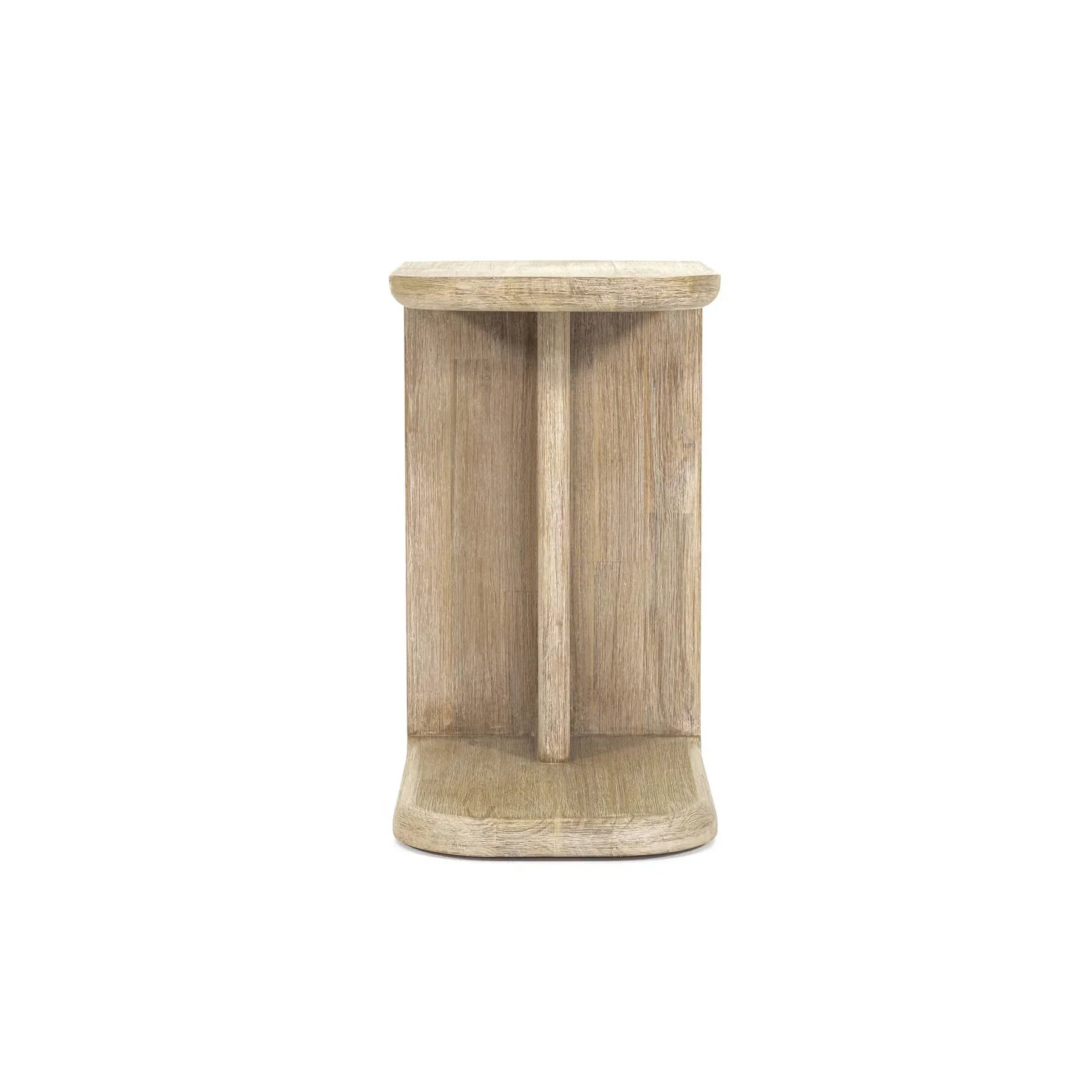 Three-quarter view of a C-shaped side table in light natural oak featuring a cantilevered top and weighted base