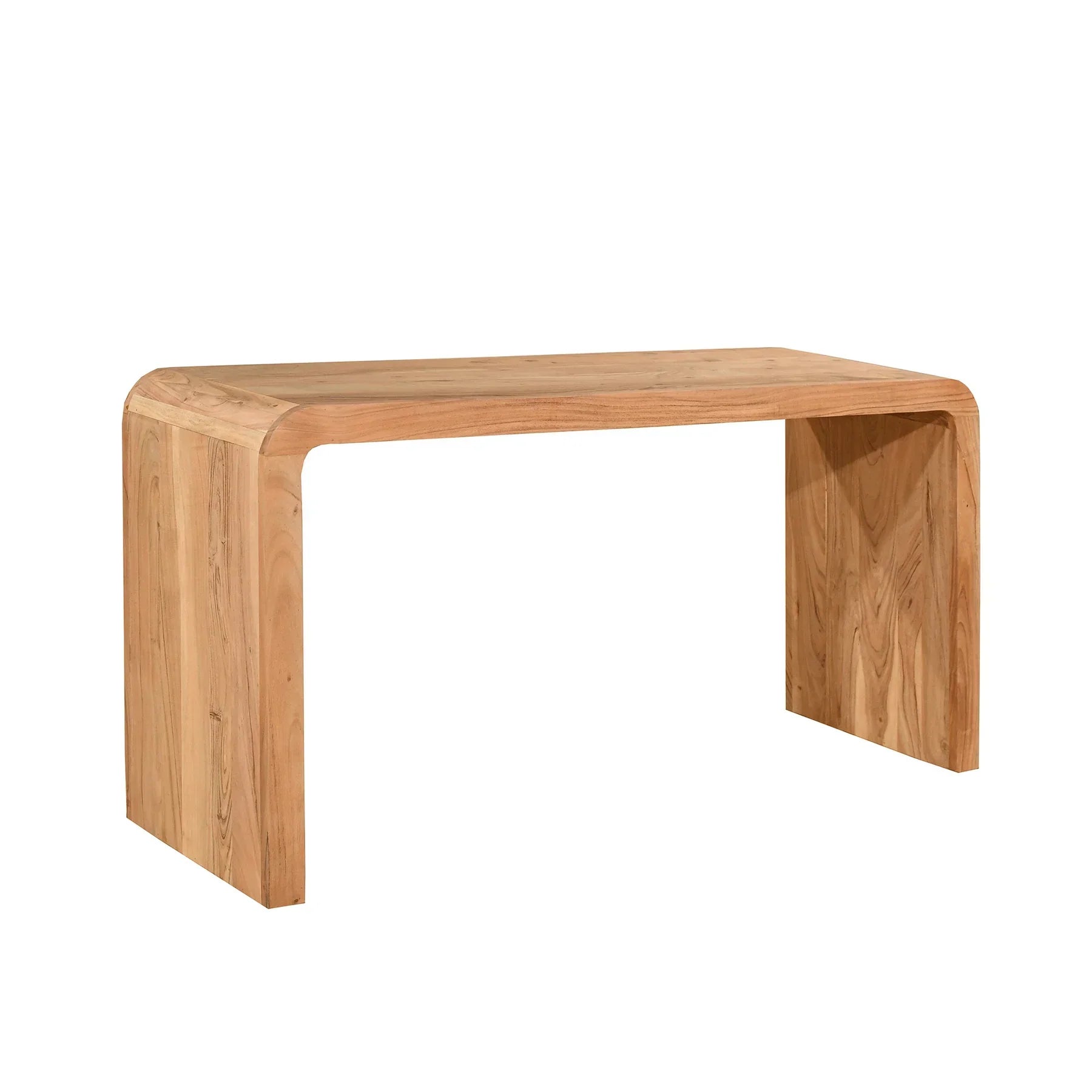 Three-quarter perspective view highlighting the thick solid wood construction and the soft radius of the curved waterfall corners
