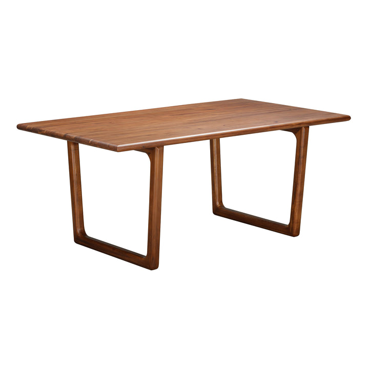 Front view of the Elixir dining table in a light natural oak finish featuring a rectangular tabletop and rounded tapered legs
