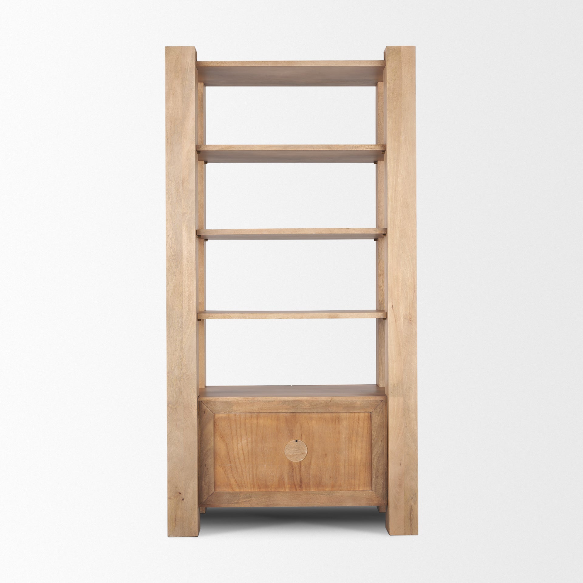 Straight-on front view highlighting the architectural vertical pillars and symmetrical open shelving