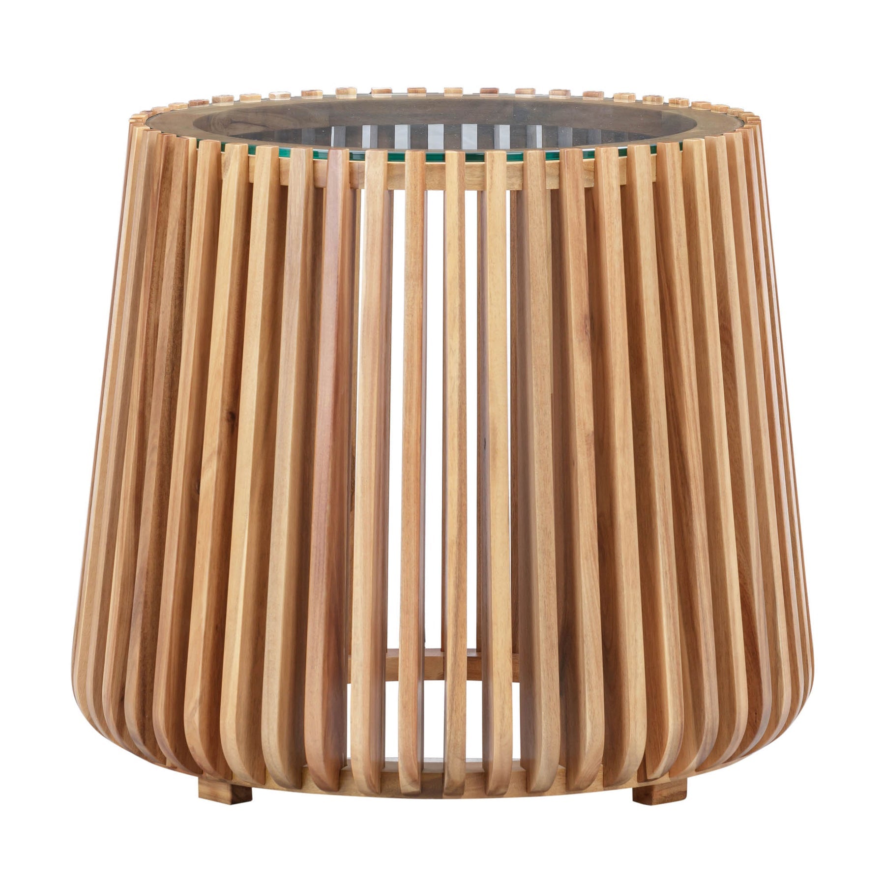 Three-quarter view of the Bungalow side table featuring a round tapered silhouette with vertical natural wood slats and a glass tabletop