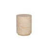 Three-quarter perspective view showcasing the smooth honed finish and organic linear pores of the natural travertine