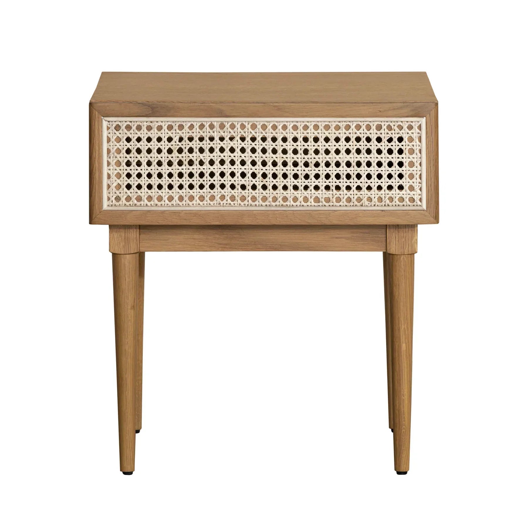 Straight-on front view showcasing the clean lines of the oak frame and the high-contrast white rattan caning