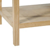Detailed view of the square tapered leg and the seamless joinery of the lower open storage shelf