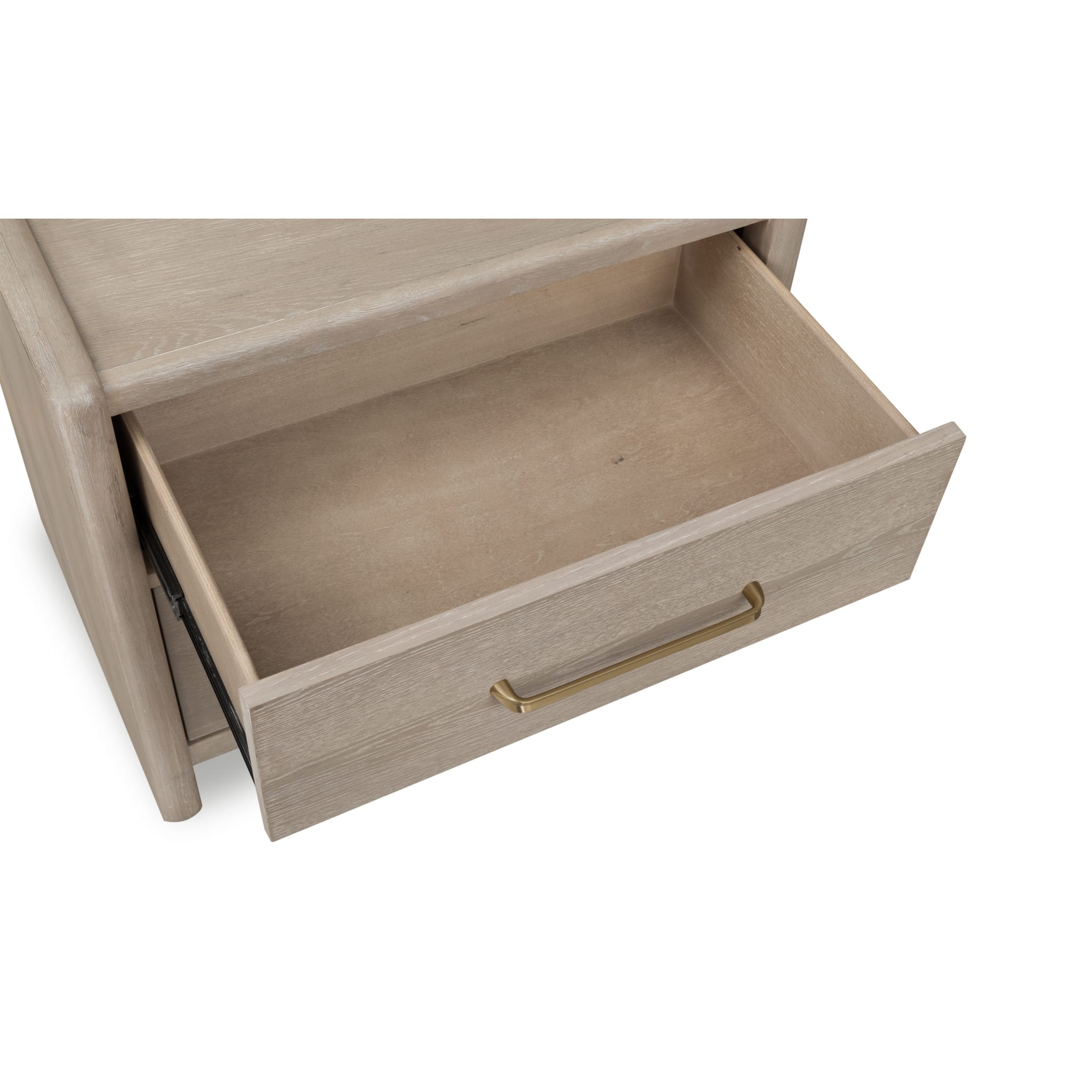 Front view of the Bjorn 2-drawer nightstand in a neutral chai oak finish featuring a minimalist box frame and elegant brass handles