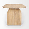 Front perspective view emphasizing the wide stance and solid light brown wood construction of the dining table